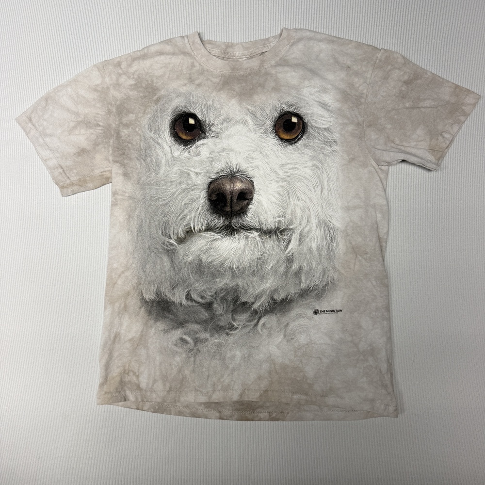 The Mountain Shirt Mens S Beige Big Dog Face Allover Graphic Tee Tie Dye Animal